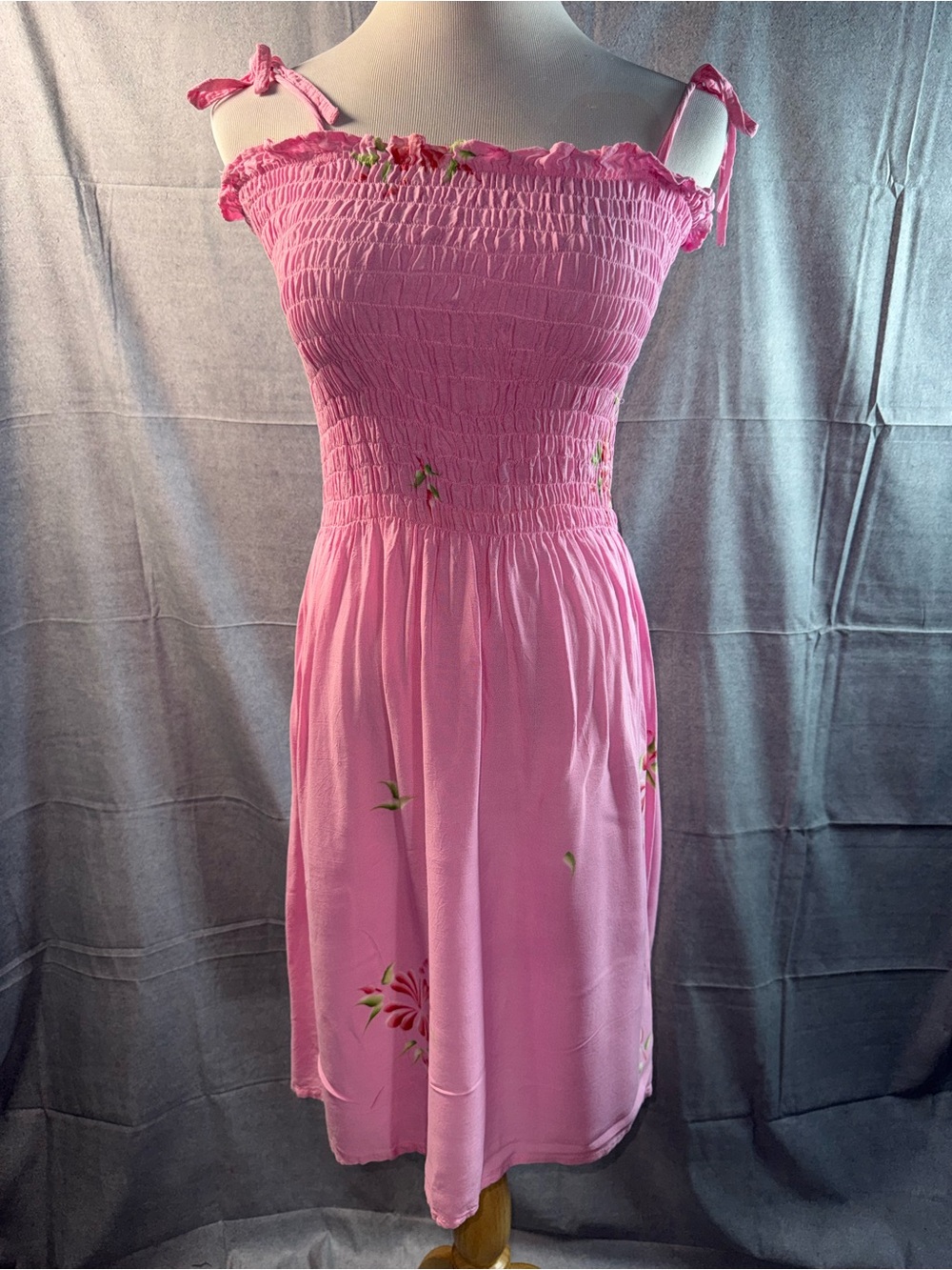 1783-Hibiscus Collection Smocked Pink Midi Dress with Tie Straps